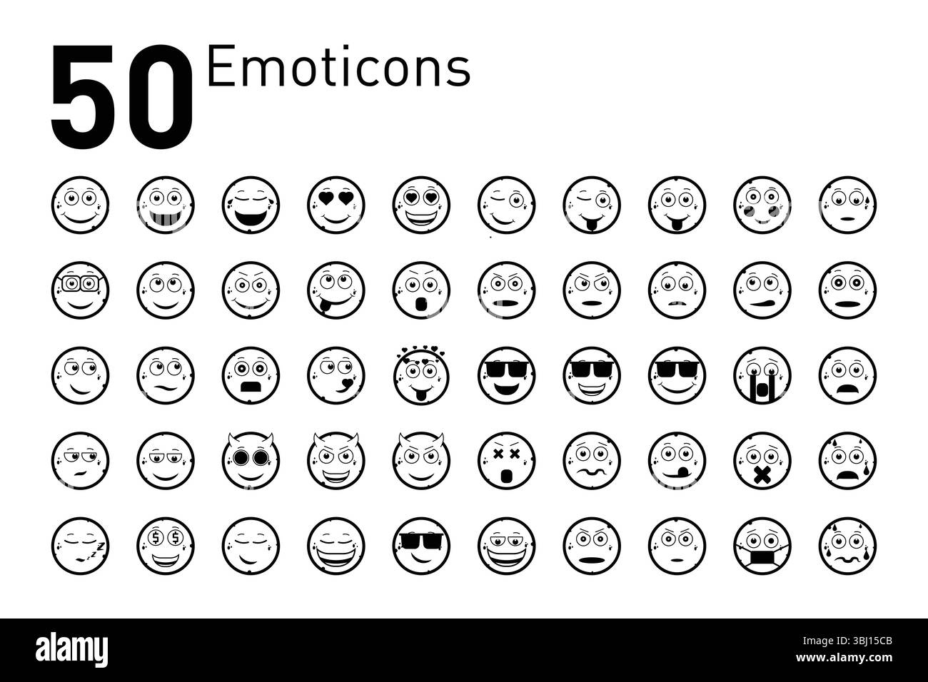 Set emoticon bianco e nero, 50 volti in griglia, che mostrano varie emozioni Illustrazione Vettoriale