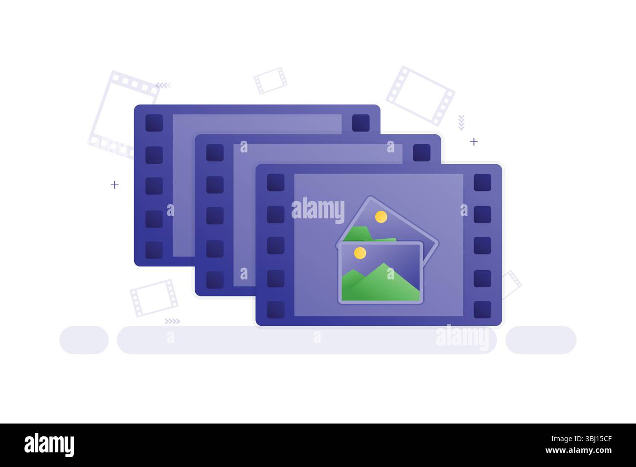 Strisce digitali con icona immagine, editing video e informazioni sui contenuti multimediali Illustrazione Vettoriale