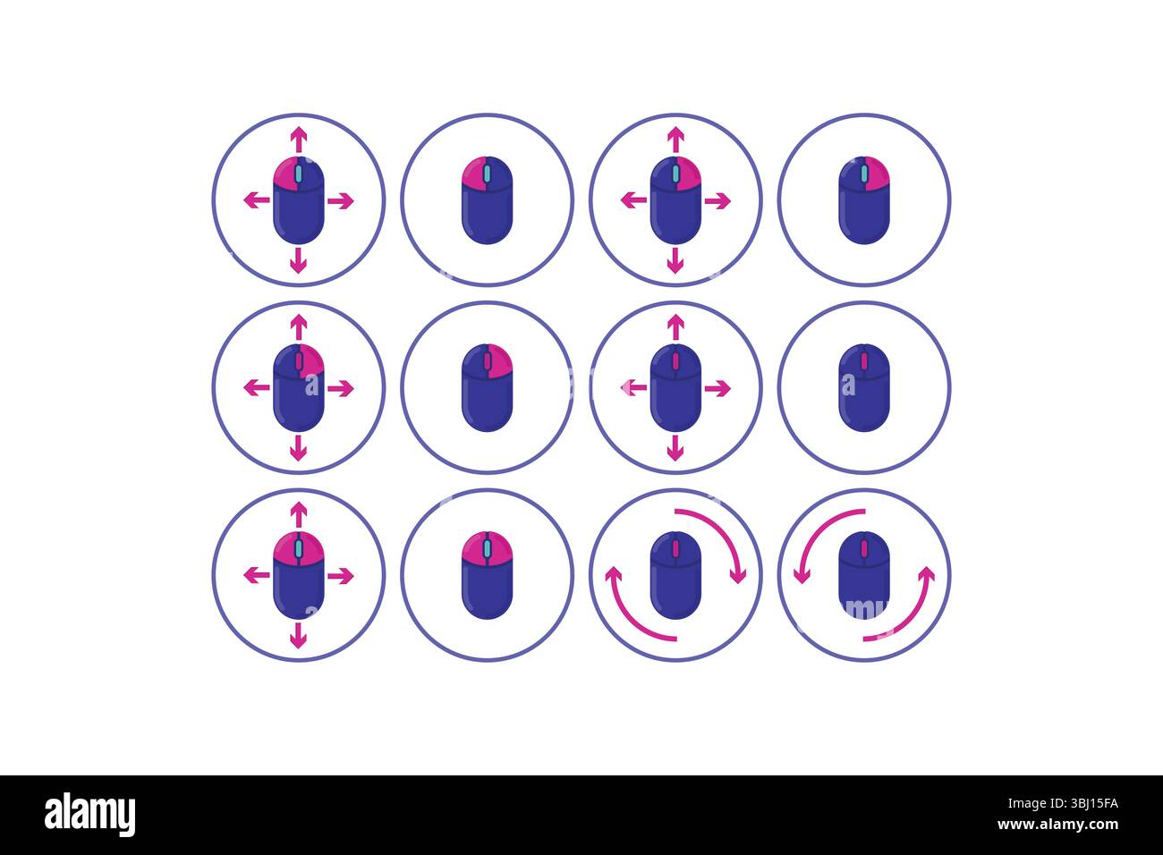 Griglia dei gesti del mouse del computer - 12 icone che mostrano le direzioni di movimento e scorrimento Illustrazione Vettoriale