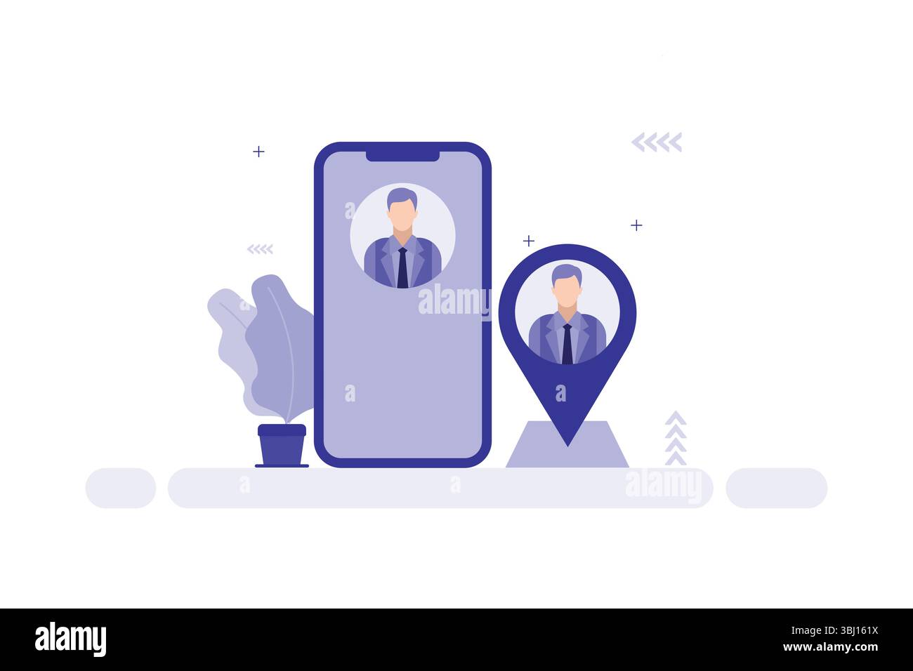Illustrazione del tracciamento della posizione - smartphone con spilla della mappa che mostra il Business person Illustrazione Vettoriale