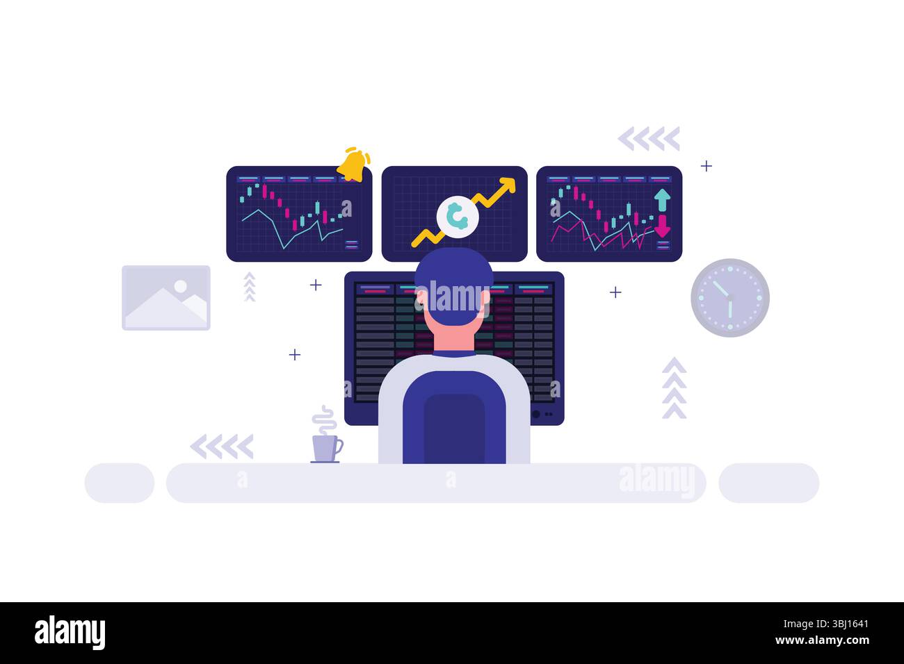 Illustrazione del Financial Trading Desk – persona presso i monitor con grafici, dati e simbolo di aggiornamento Illustrazione Vettoriale