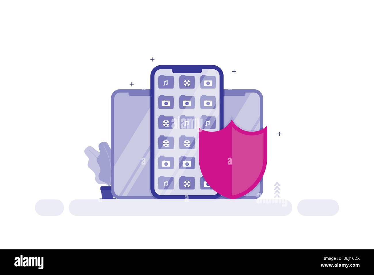 Un'illustrazione digitale che raffigura uno smartphone con varie icone di app sullo schermo, a confronto con due tablet più grandi. Illustrazione Vettoriale