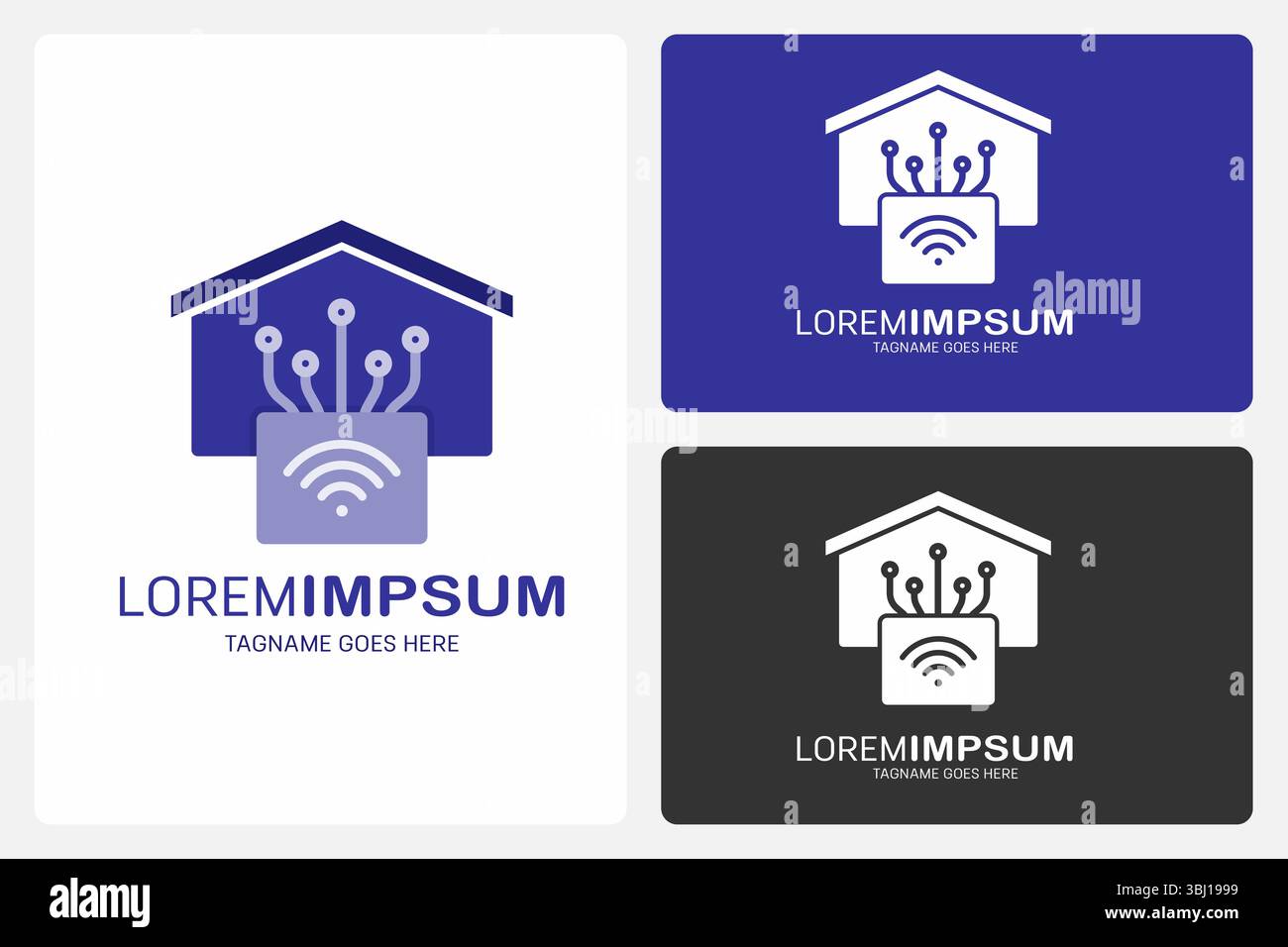 Modello logo Smart Home Connect. Una semplice icona della casa con un simbolo Wi-Fi e linee che mostrano come i dispositivi si collegano in una casa intelligente. Illustrazione Vettoriale