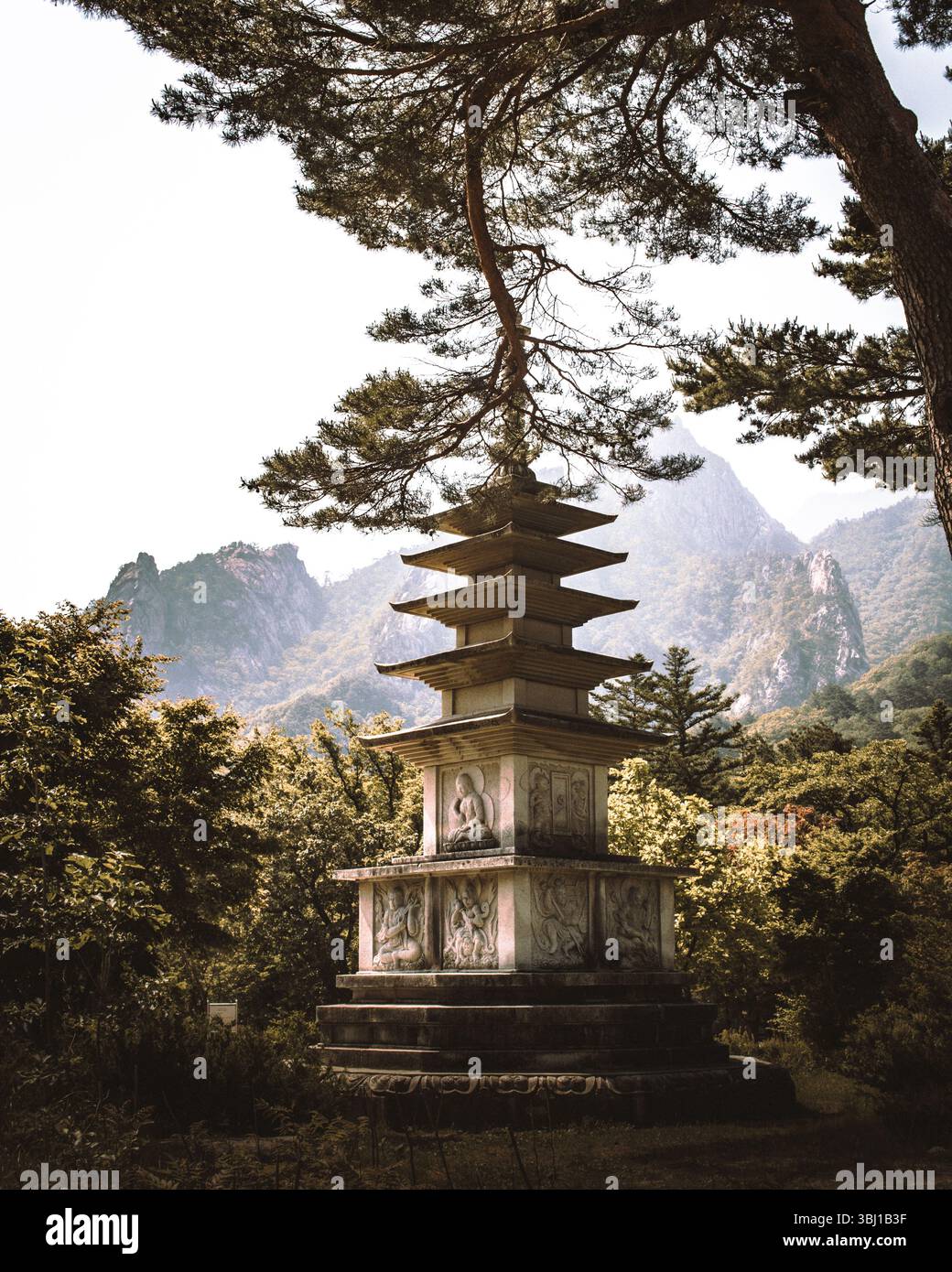 Antica pagoda in pietra annidata nella tranquilla foresta del Parco Nazionale di Seoraksan, Corea del Sud, incorniciata da pini e suggestive cime montuose nel bac Foto Stock