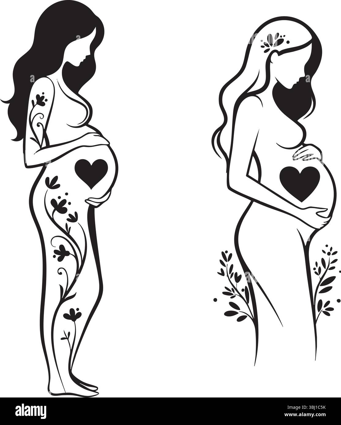Due eleganti silhouette di donne incinte adornate con dettagli floreali che simboleggiano la maternità e la nuova vita. Illustrazione Vettoriale