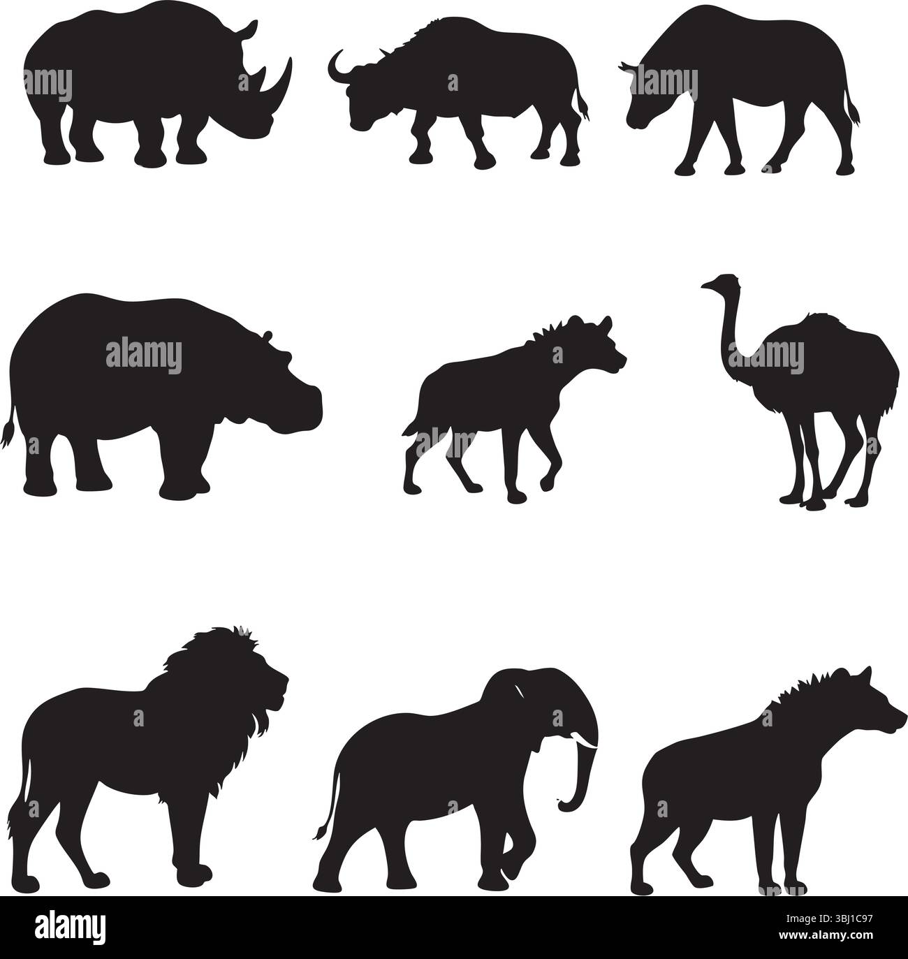 Silhouette della fauna selvatica africana: Una collezione di nove animali Illustrazione Vettoriale