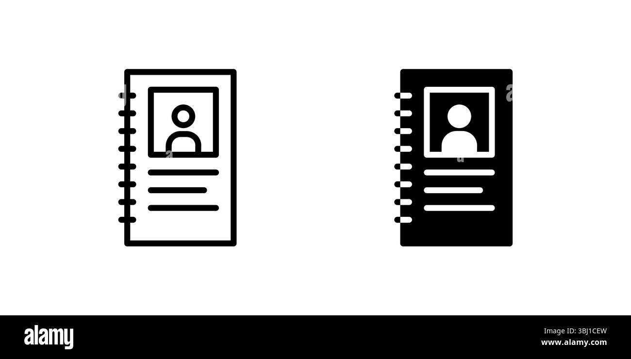 Set di icone contatti. Icona nera di un elenco contatti, che rappresenta la rubrica. Illustrazione Vettoriale