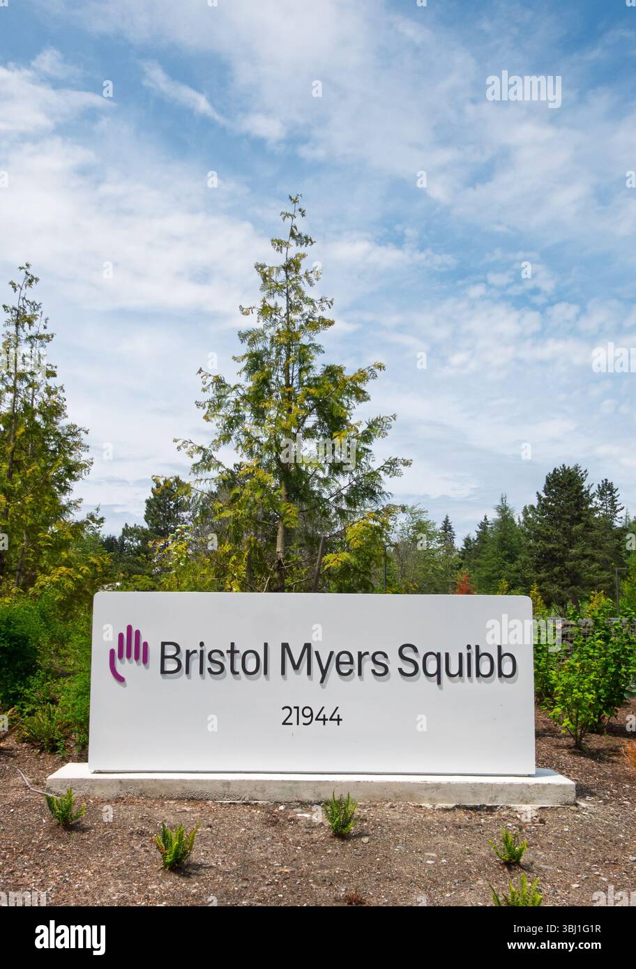 BOTHELL, WA, USA, 25 MAGGIO 2025: Insegna esterna e logo del marchio Bristol-Myers Squibb. Foto Stock
