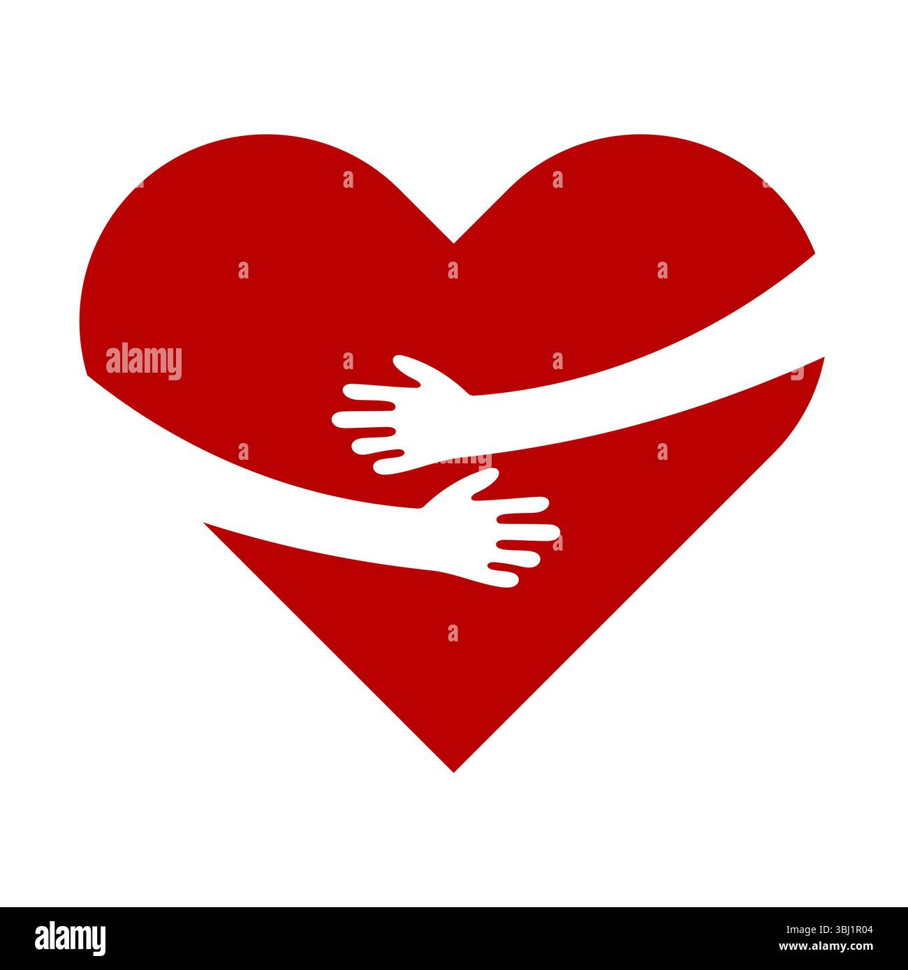 Simbolo cuore abbraccio. Una forma stilizzata del cuore che viene delicatamente abbracciata da due braccia bianche, simboleggiando compassione, empatia, amore, cura, supporto. Illustrazione Vettoriale