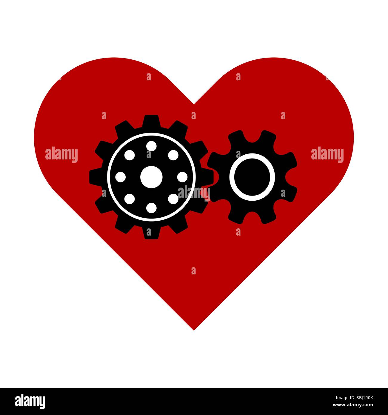 Illustrazione del vettore cuore con ingranaggi meccanici. Un'audace illustrazione vettoriale con due ingranaggi meccanici neri posizionati all'interno di un grande cuore rosso Illustrazione Vettoriale