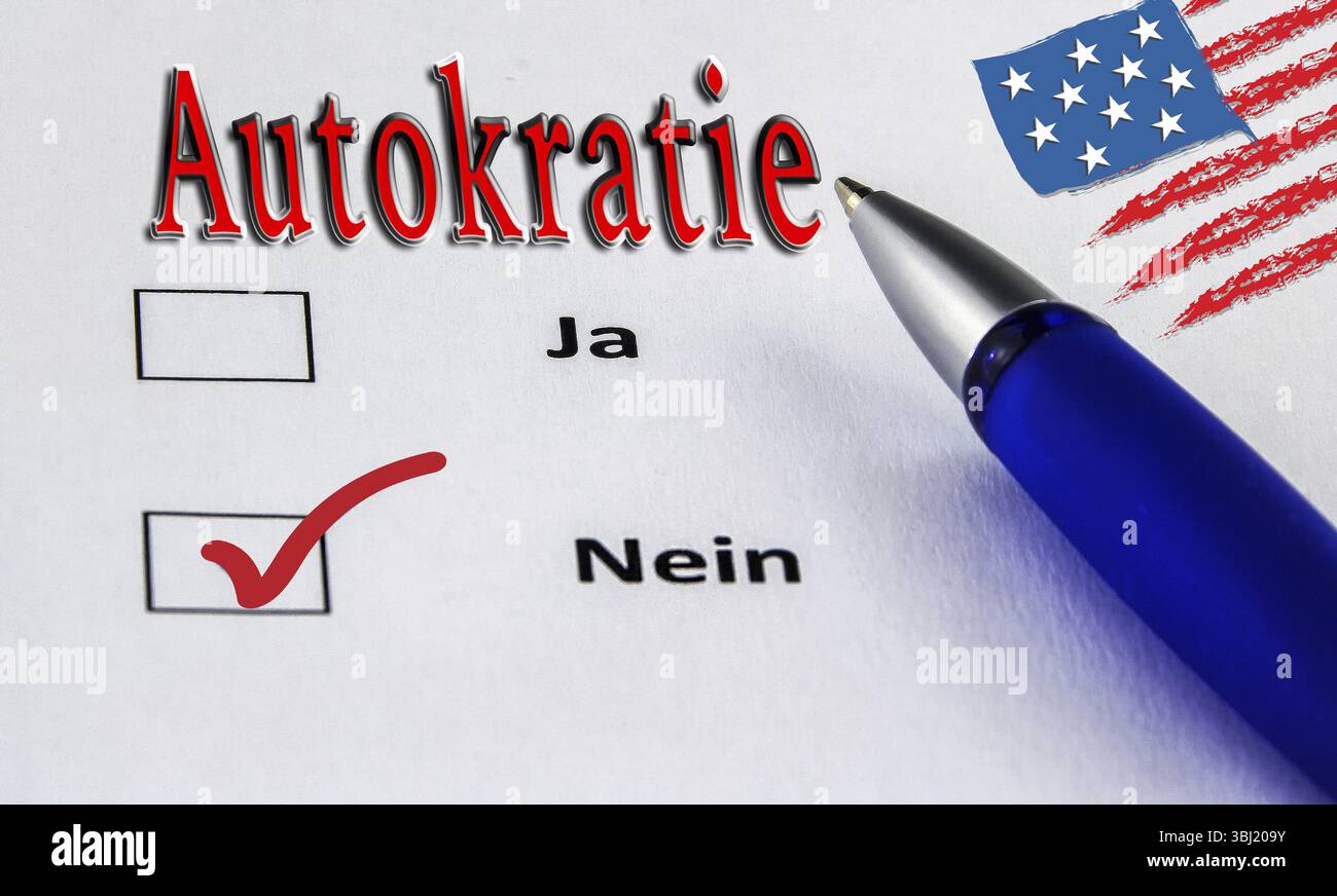 Autocrazia tick sì-no, sì alla libertà, democrazia, forma di governo, libertà di espressione, futuro, sicurezza, dittatura, oppressione, dispotismo, operaz Foto Stock