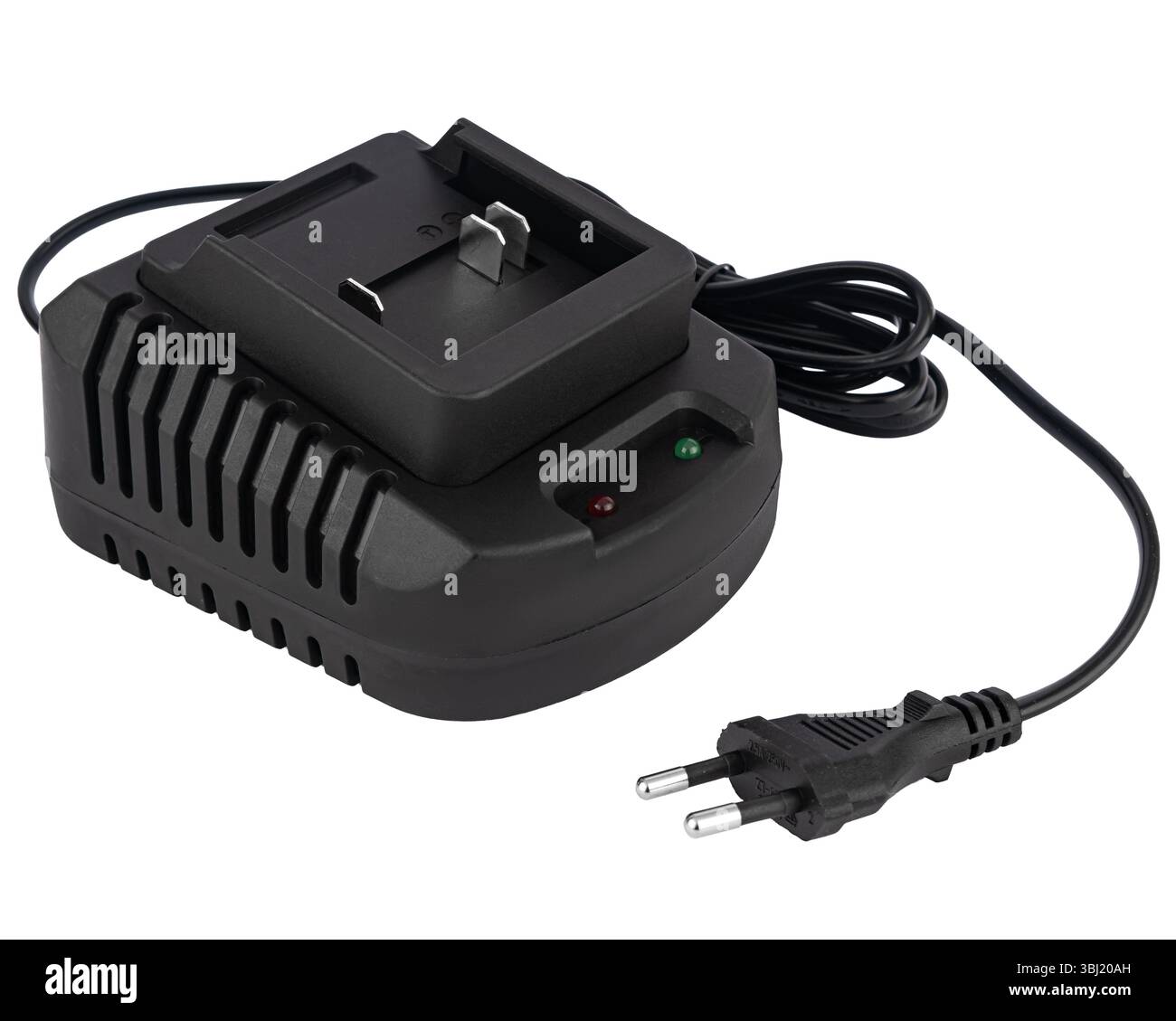 Adattatore di alimentazione per la ricarica delle batterie per utensili cordless. su sfondo bianco. Ideale per cacciaviti, tagliabulloni e rasaerba. Foto Stock