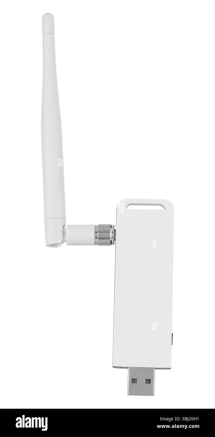 Moderno modulo Wi-Fi con antenna e connessione USB. Trasferimento dati affidabile per PC e laptop. Foto Stock