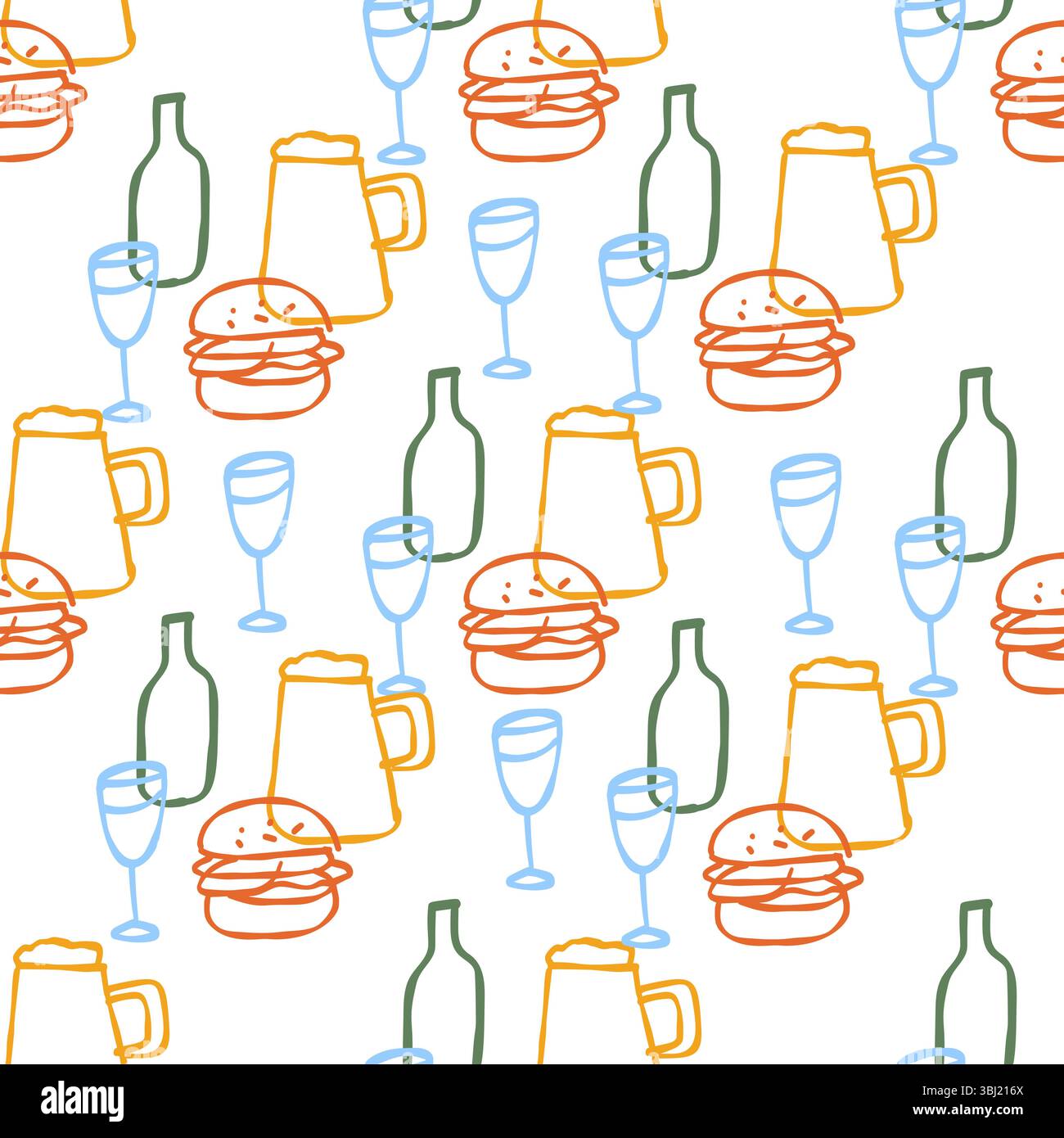 Colorato motivo senza cuciture di hamburger, tazze da birra, bottiglie di vino e bicchieri Illustrazione Vettoriale