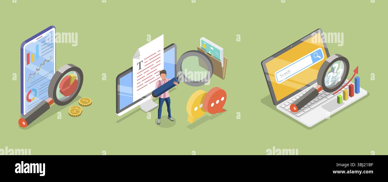 Illustrazione piatta isometrica 3D di SEO Analysis, Digital Marketing, Search Engine Optimization Foto Stock