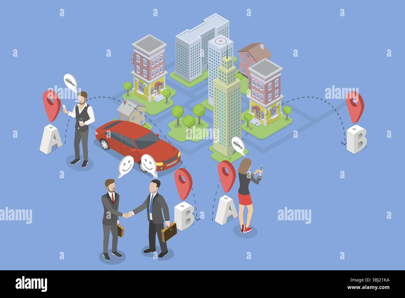 Illustrazione piatta isometrica 3D di Carpooling, corsa in taxi in carsharing Foto Stock