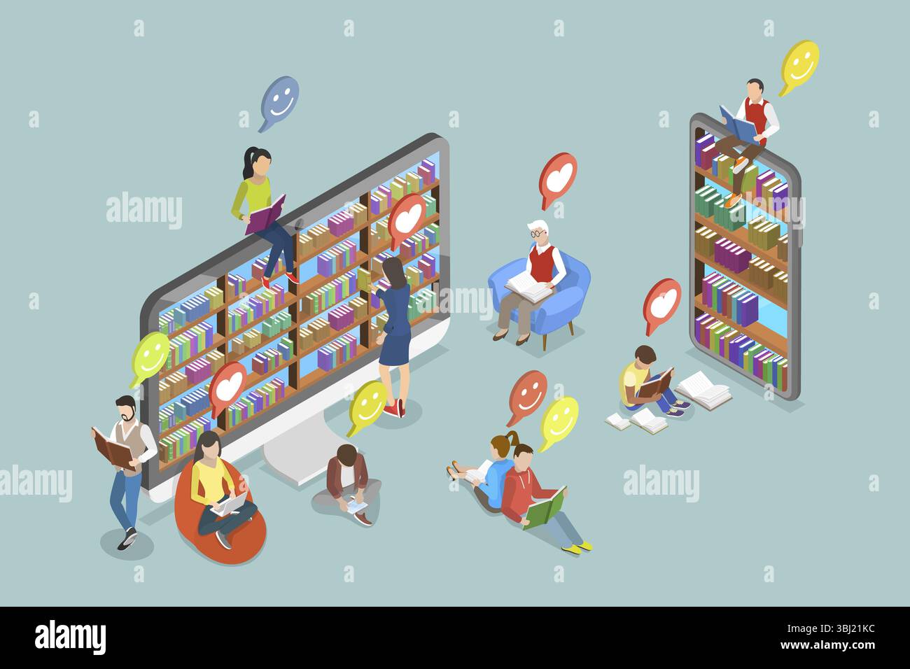 Illustrazione piatta isometrica 3D di Online Education, Digital Library Services Foto Stock