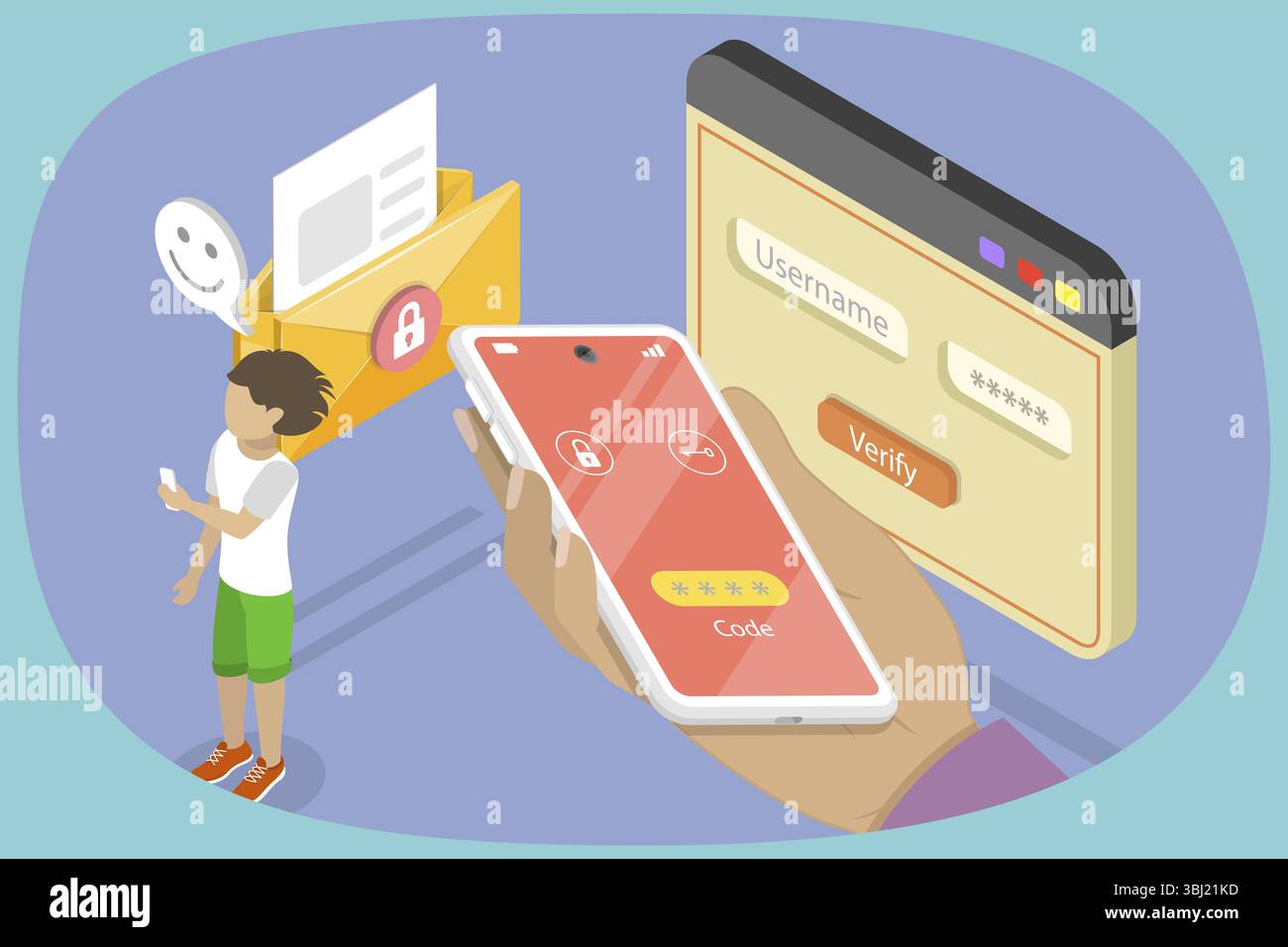 Illustrazione piatta isometrica 3D di Secure Identification, Using OTP password Code for two-Factor Authentication Login (identificazione sicura, utilizzo del codice password OTP per l'accesso con autenticazione a due fattori) Foto Stock