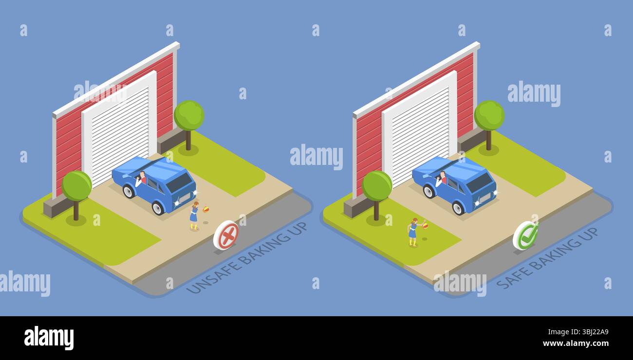Illustrazione piatta isometrica 3D della sicurezza di guida in retromarcia, suggerimenti e regole per i conducenti Foto Stock