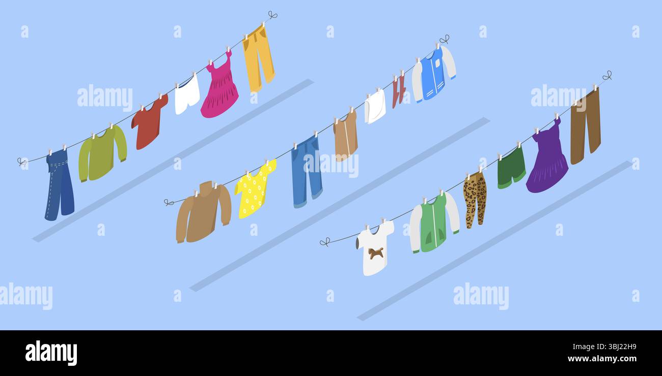 Illustrazione piatta isometrica 3D delle corde per indumenti, asciugatura degli accessori dopo il lavaggio Foto Stock
