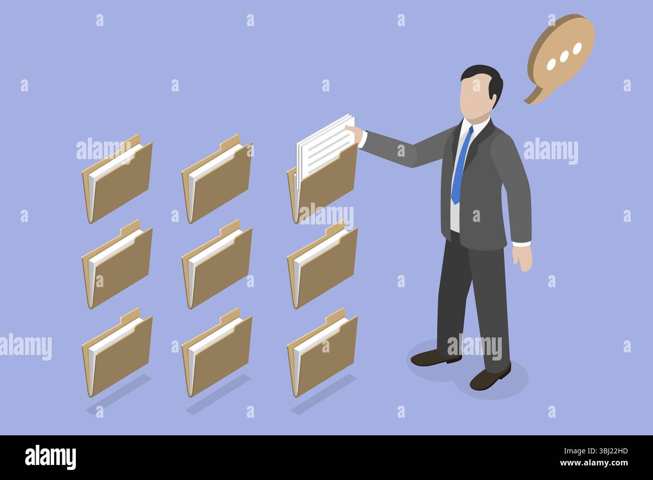 Illustrazione piatta isometrica 3D di Data Manager, Organizza file e documenti per una gestione e un'indicizzazione efficienti Foto Stock