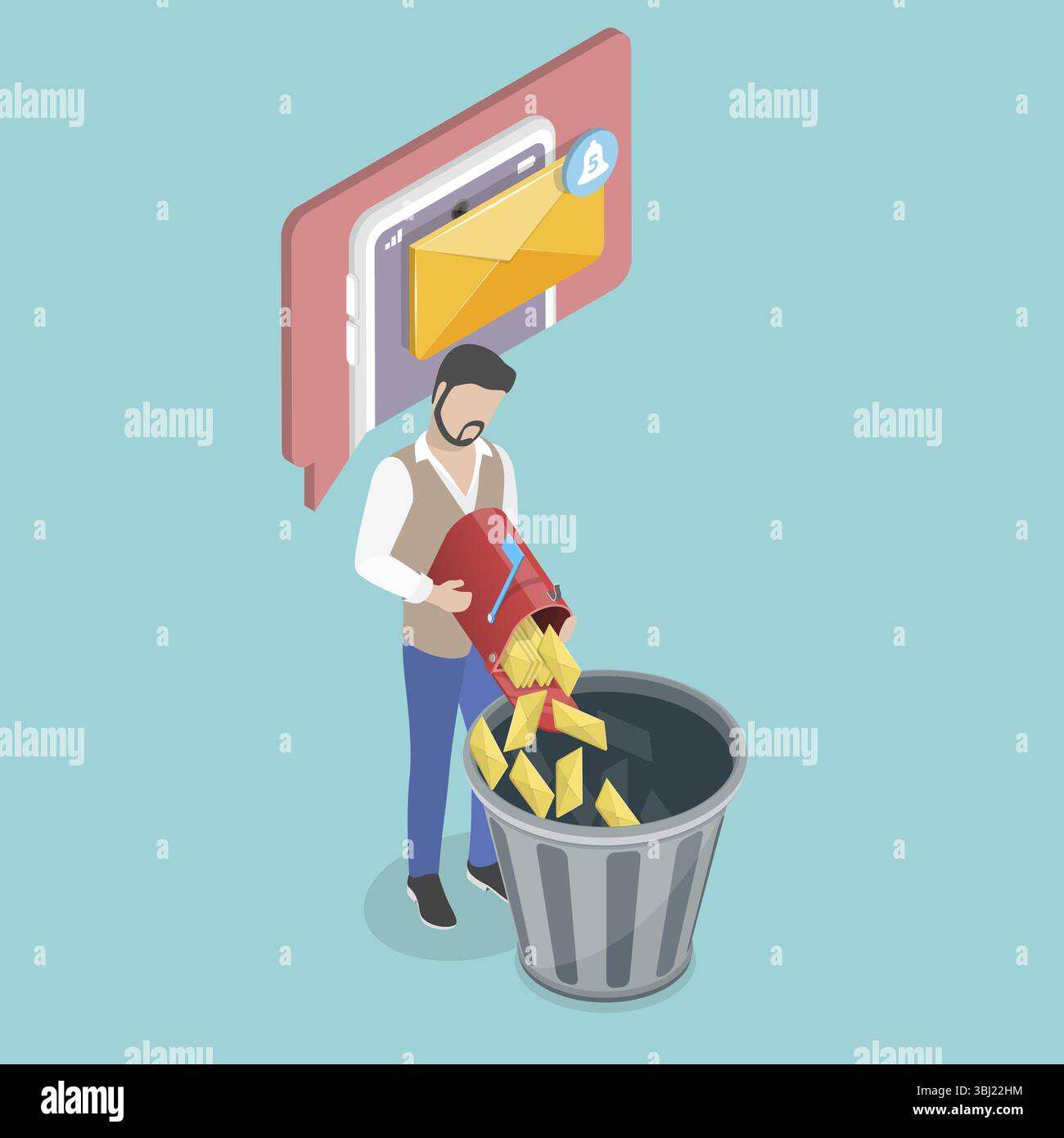 Illustrazione piatta isometrica 3D dell'eliminazione di spam, spam e e-mail non necessarie Foto Stock