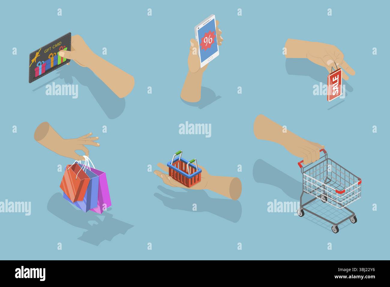 Illustrazione piatta isometrica 3D di shopping online, servizio di consegna Foto Stock