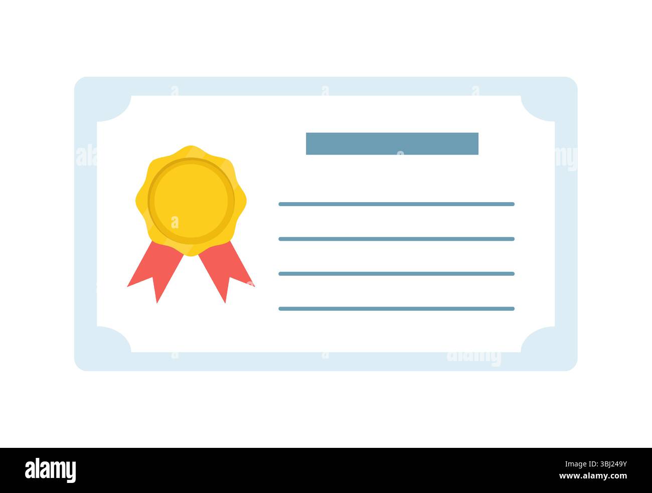 Certificato di riconoscimento con sigillo giallo e nastri rossi incorniciati in azzurro per il riconoscimento accademico e professionale Illustrazione Vettoriale