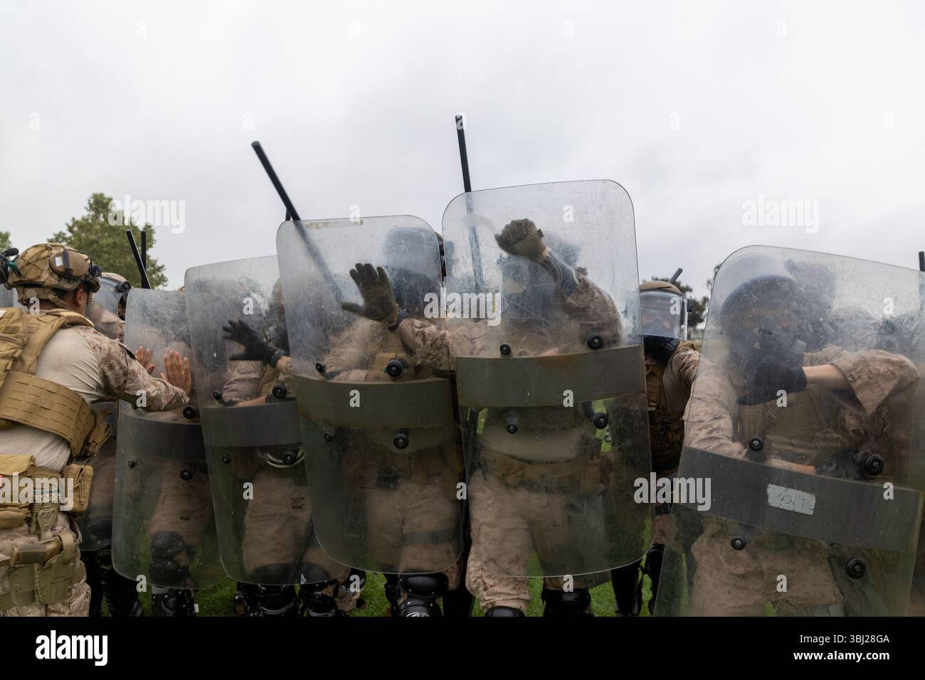 Los Angeles, Stati Uniti. 11 giugno 2025. US Marines con 2nd Battalion, 7th Marine Regiment, 1st Marine Division, prova tattiche non letali dopo essere stato messo in allerta dal presidente Donald Trump in risposta alle proteste sull'immigrazione, 11 giugno 2025 a Los Angeles, California. Trump inviò 700 Marines degli Stati Uniti e 4.000 soldati della Guardia Nazionale per aiutare a proteggere le proprietà federali e gli agenti federali. Credito: CPL. Jaye Townsend/U.S. Marine Corps/Alamy Live News Foto Stock