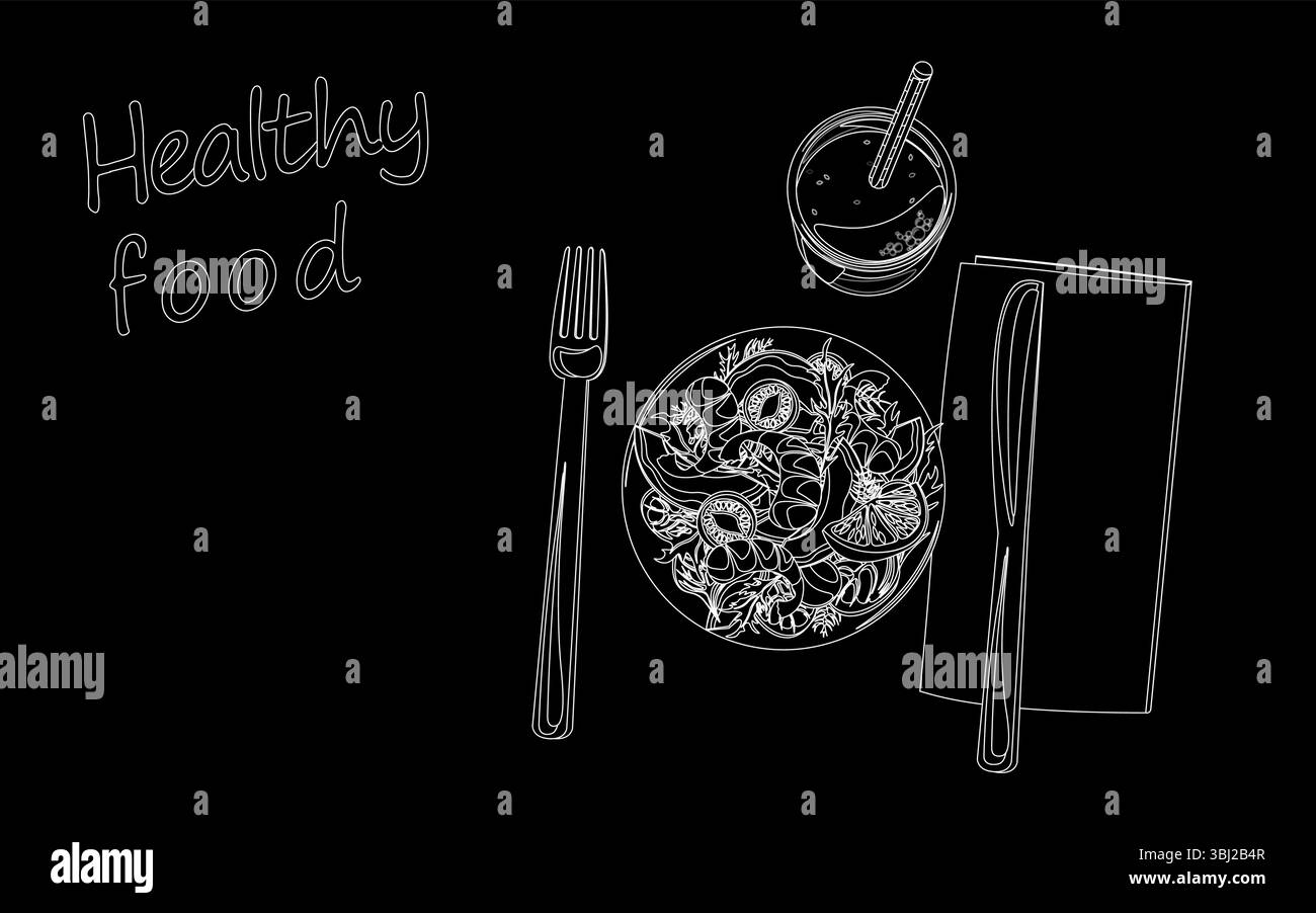 Design illustrativo per alimenti sani. Schema del piano nutrizionale salutare. Blog sul menu del ristorante dieta e benessere. Grafica vettoriale con sfondo nero minimalista. Illustrazione Vettoriale