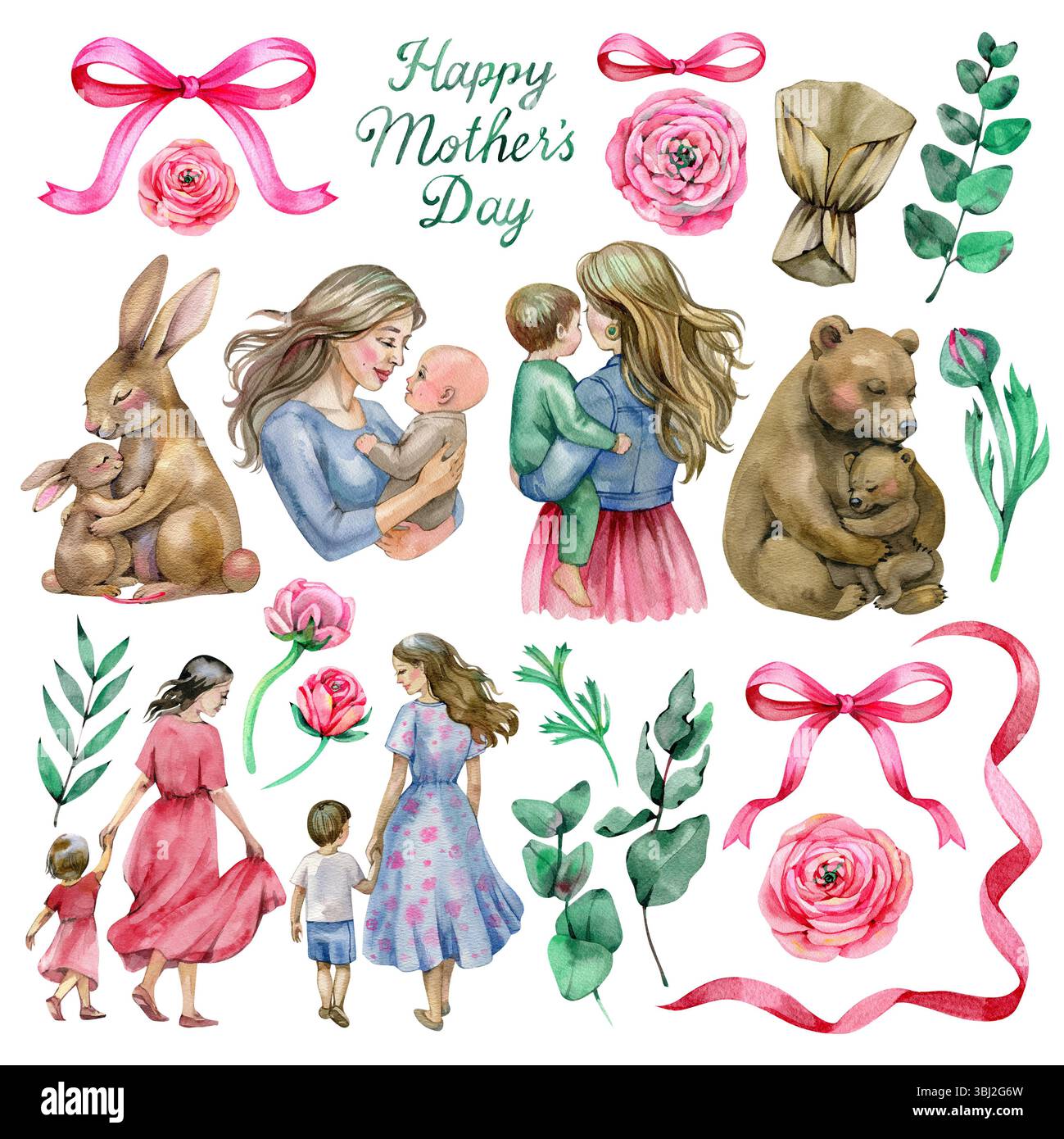 Set di illustrazioni per la Festa della mamma con mamma e bambino, fiori primaverili, animali e tipografia moderna Foto Stock
