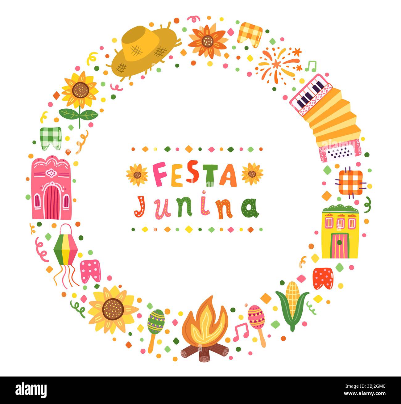 Cornice circolare Festa Junina, bordo con fisarmonica, girasole, cappello di paglia e illustrazioni brasiliane festose Foto Stock