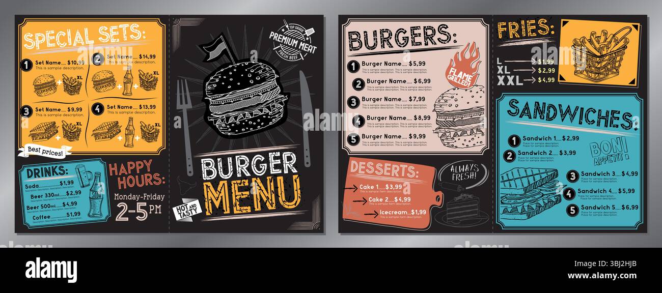 Modello del menu del ristorante di hamburger vintage - carta A4 (hamburger, panini, patatine fritte, dessert, bevande, set) Illustrazione Vettoriale
