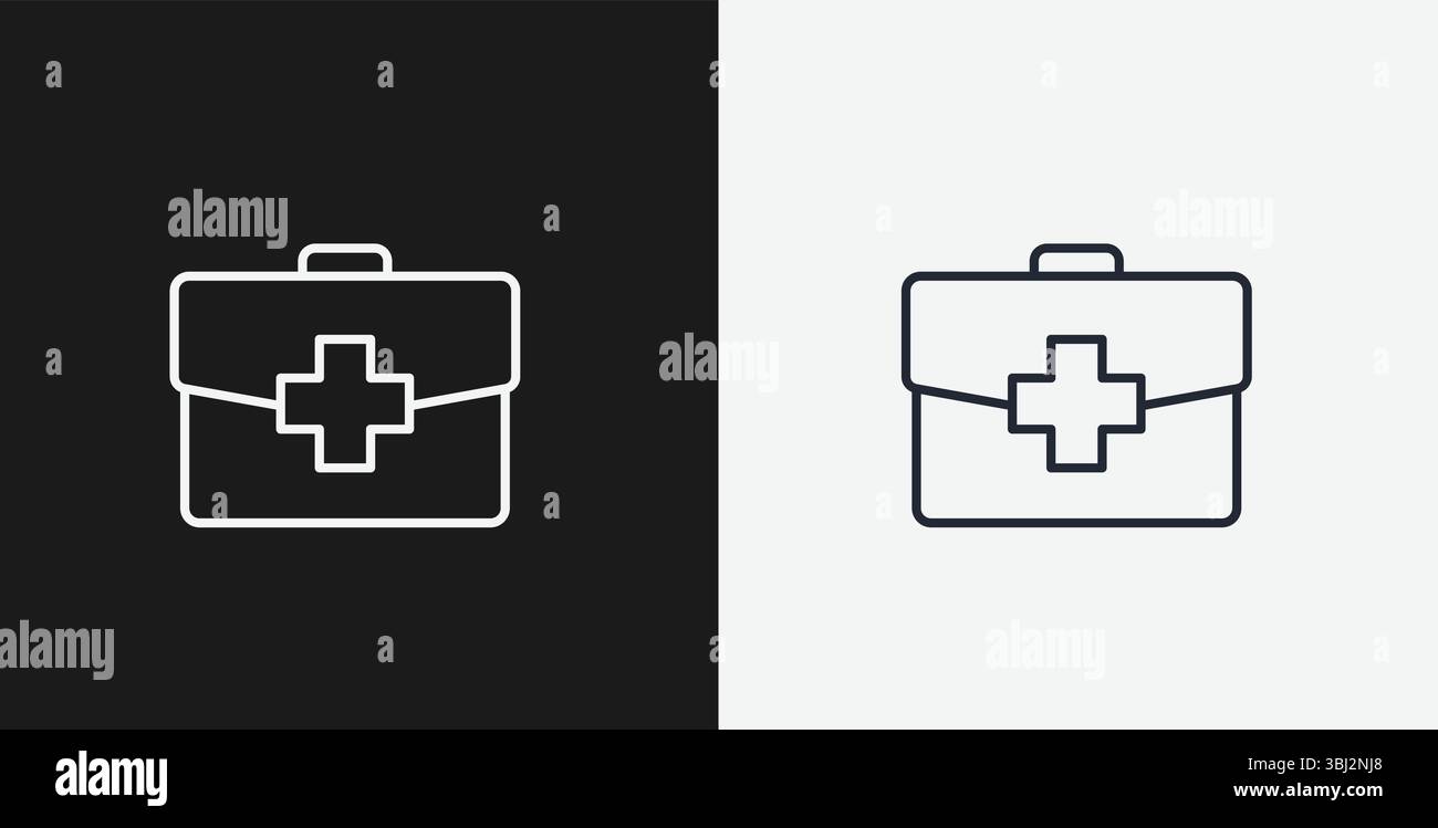 Kit di pronto soccorso con croce medica su sfondo bianco e nero, che rappresenta emergenza, salute o sicurezza, icona contorno bianco Illustrazione Vettoriale