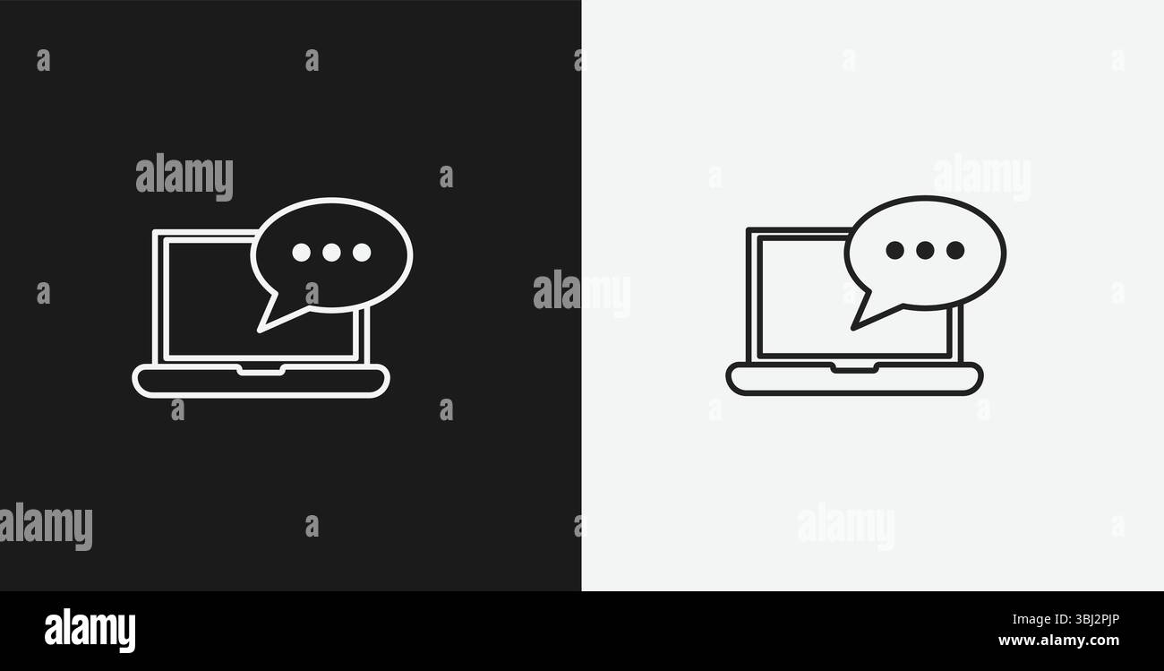 Notebook con bolla vocale e puntini di sospensione su sfondo bianco e nero, che rappresenta l'icona di chat online, messaggistica o comunicazione, contorno bianco Illustrazione Vettoriale