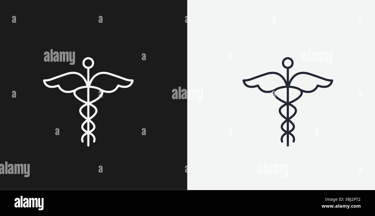 Simbolo Caduceus con ali e personale su sfondo bianco e nero, che rappresenta Medicina o Sanità, icona contorno bianco Illustrazione Vettoriale