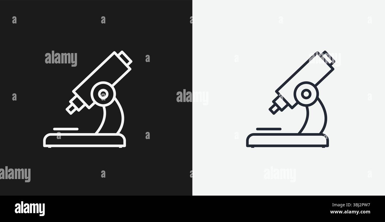 Microscopio da laboratorio su sfondo bianco e nero, che rappresenta l'icona Science, Research, or Biology, White Outline Illustrazione Vettoriale