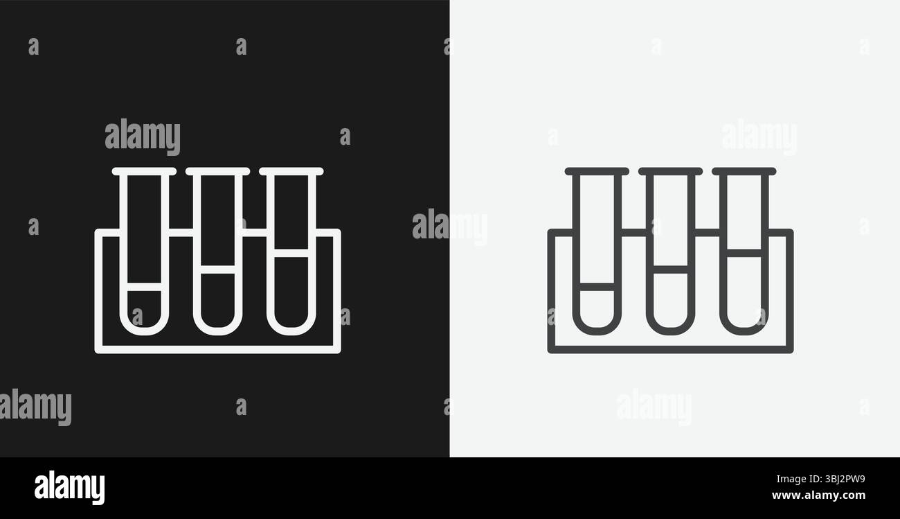 Tre provette in un rack su sfondo bianco e nero, che rappresentano l'icona di laboratorio, ricerca o chimica, contorno bianco Illustrazione Vettoriale