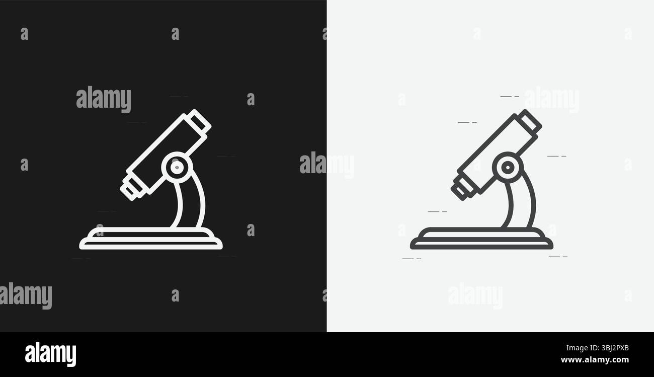 Microscopio da laboratorio su sfondo bianco e nero, che rappresenta l'icona Science, Research, or Biology, White Outline Illustrazione Vettoriale
