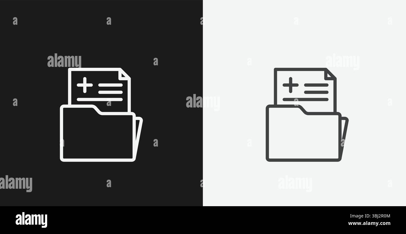 Cartella cartella clinica con documento e segno più su sfondo bianco e nero, che rappresenta dati sanitari o paziente, icona contorno bianco Illustrazione Vettoriale