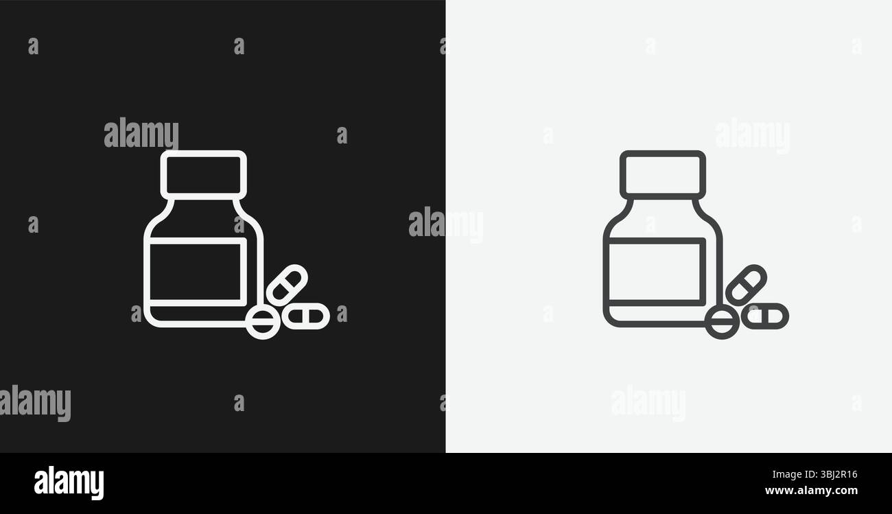 Bottiglia medica con pillole e capsule su sfondo bianco e nero, che rappresenta la farmacia o la sanità, icona contorno bianco Illustrazione Vettoriale