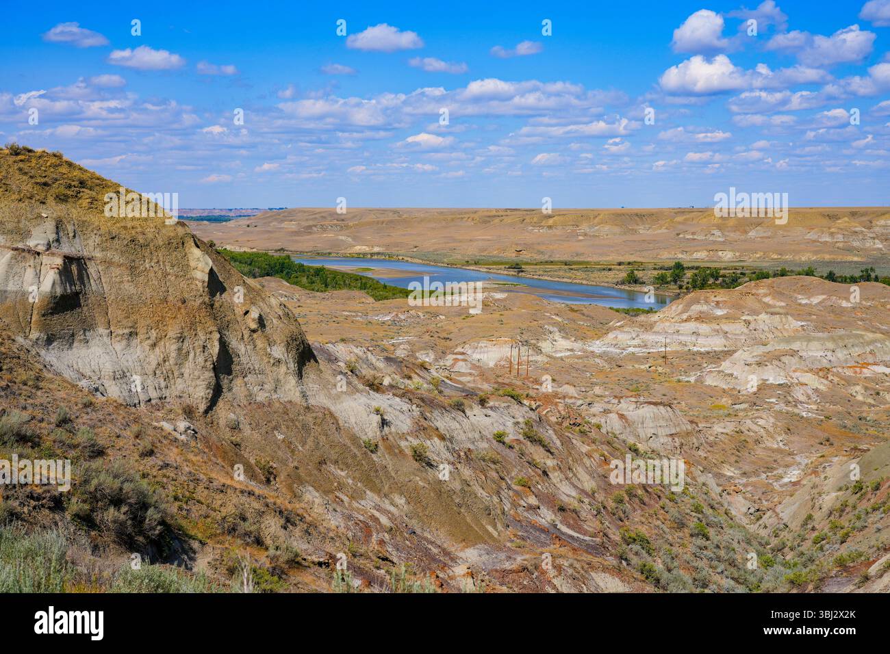 Il Red Deer River scorre attraverso i calanchi del Dinosaur Provincial Park, Alberta, Canada Foto Stock