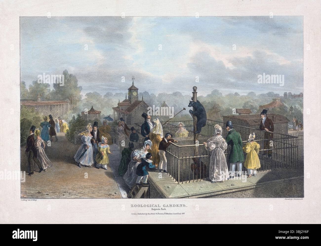 Litografia colorata a mano del giardino zoologico Regents Park London 1835 di George Johann Scharf arte antica stampa storica vintage Foto Stock