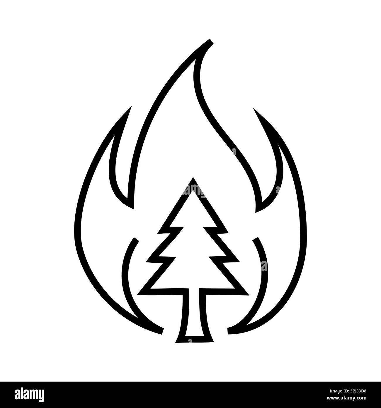 Icona albero di fuoco. Simbolo della foresta in fiamme. Design a fiamma nera. Sfondo bianco. Illustrazione Vettoriale