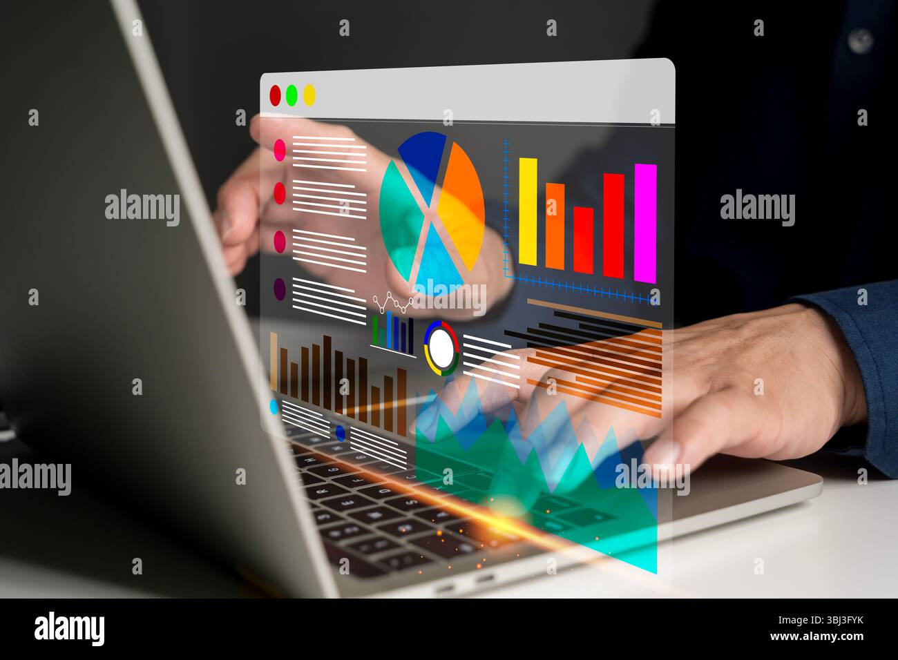 Moderna interfaccia di analisi dei dati aziendali sullo schermo di un notebook con interfaccia utente futuristica, con grafico a torta, grafico a barre e visualizzazione finanziaria per la marketin Foto Stock