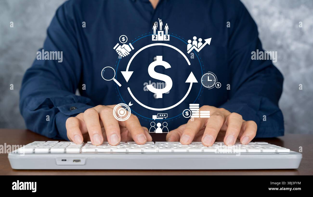 Uomo d'affari che lavora su una tastiera con icone finanziarie che rappresentano il ciclo monetario, gli investimenti, il reddito, la pianificazione e la strategia di crescita economica in Foto Stock