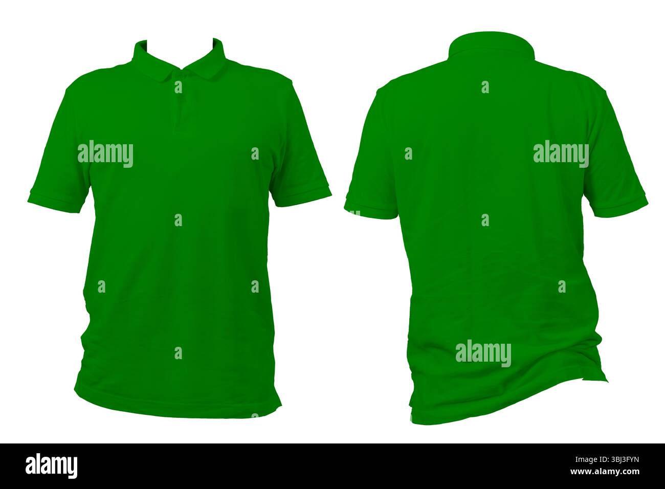 Polo verde vista frontale e posteriore isolata su sfondo bianco. Modello vuoto per mockup di abbigliamento, design uniforme, catalogo moda, marchio di abbigliamento Foto Stock