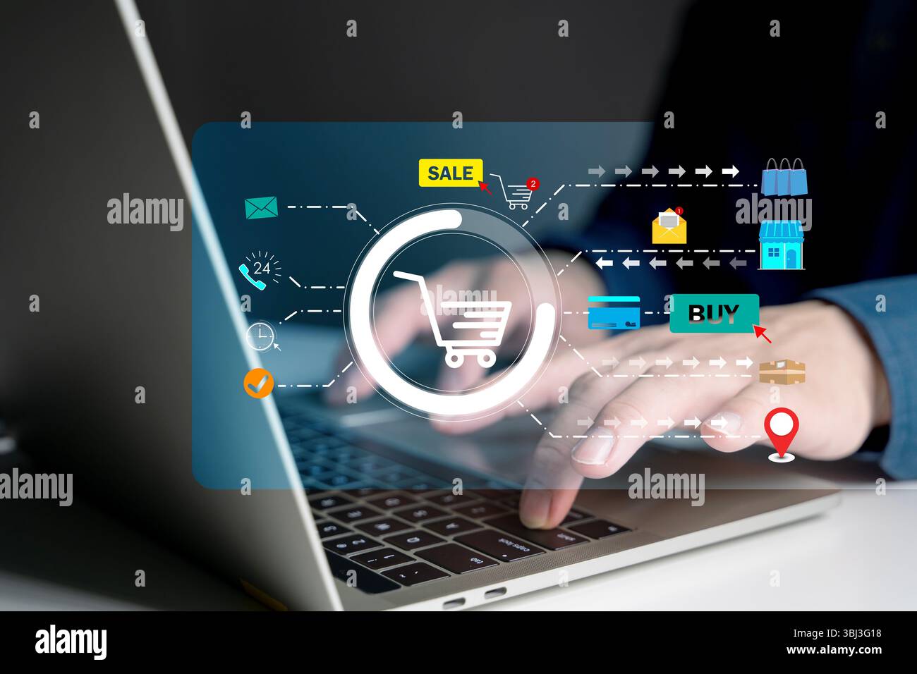 Moderna interfaccia della piattaforma di e-commerce sullo schermo del laptop con carrello online, icone di pagamento, stato di consegna e sistema di tracciamento degli acquisti, represen Foto Stock