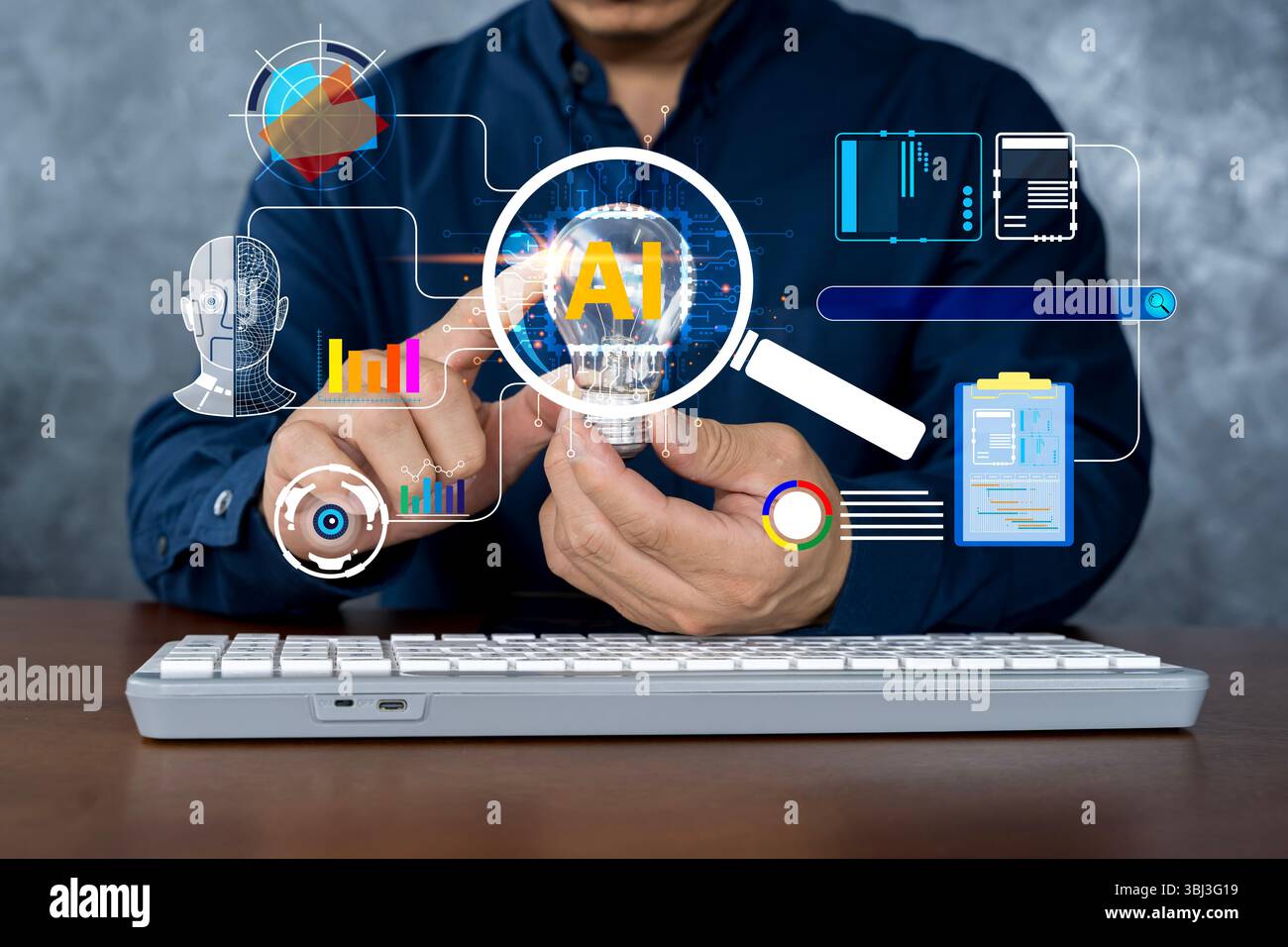 Un uomo d'affari ha una lampadina con lettere ai all'interno, circondata da futuristiche icone digitali. Concetto di intelligenza artificiale, big data, macchina Foto Stock