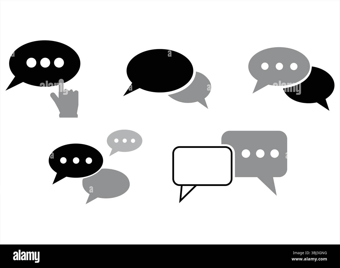 Icone a forma di bolla della chat minimalista con cursore a mano nero e grigio che punta, bollature vocali sovrapposte, illustrazione del concetto di comunicazione su sfondo bianco Illustrazione Vettoriale